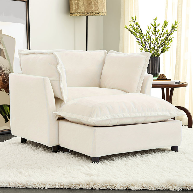 Upholstered Accent Chair With Ottoman, Beige
