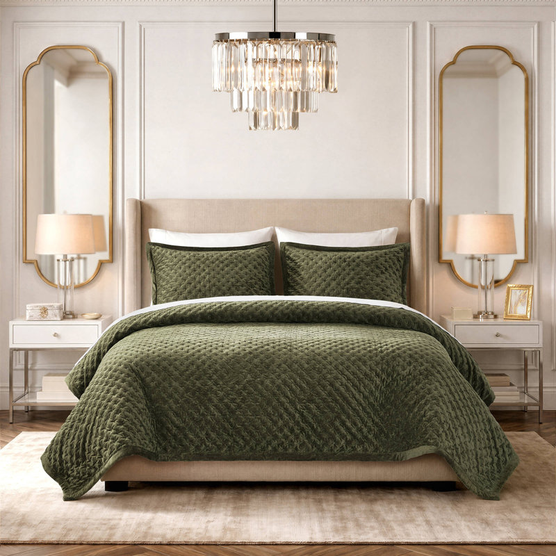 3-Piece King Velvet Coverlet Mini Set,Green