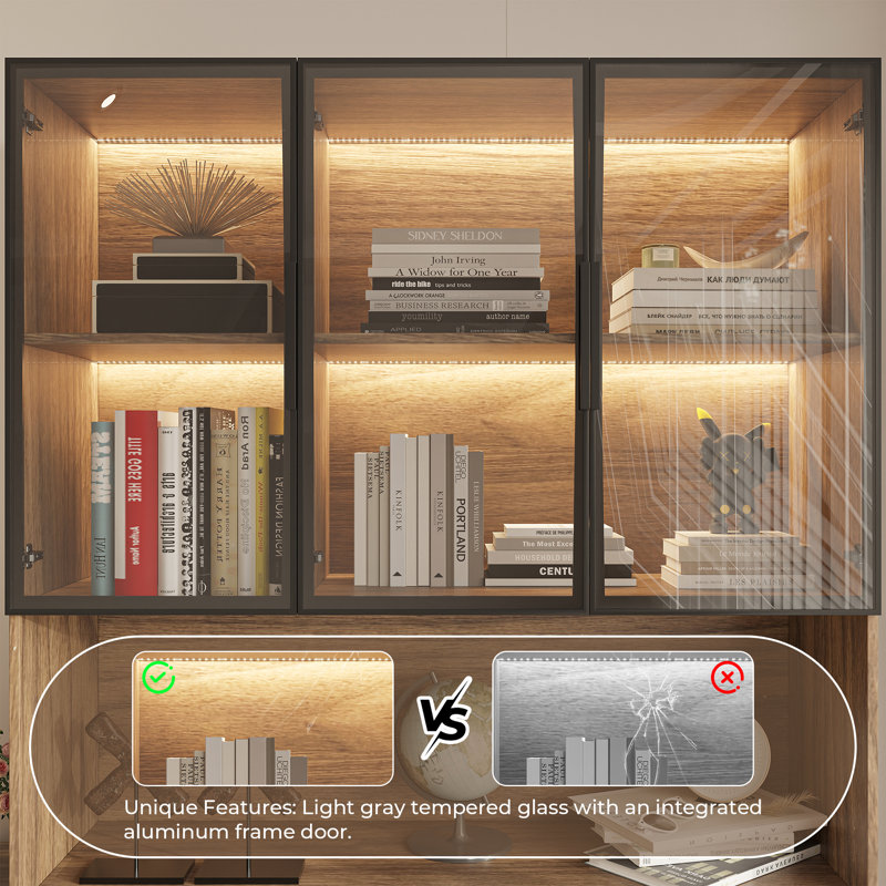 94.5 '' W Combination Bookcase With Glass Doors，display Cabin With Led Lights, Brown