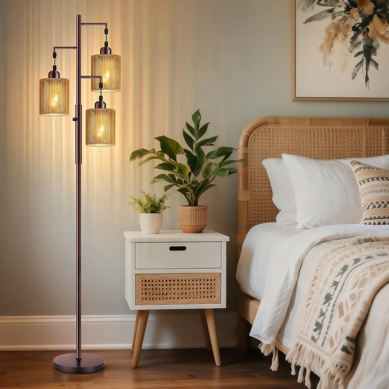 Lampe sur pied 72 po en rotin Boho, lampe sur pied haute à intensité variable avec abat-jour bruns fabriqués à la main, lampes sur pied à branches industrielles