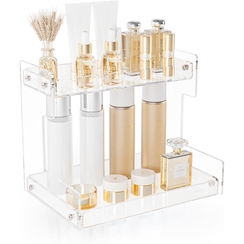 Organisateur de comptoir de salle de bain, rangement à 2 niveaux, organisateur de maquillage d'angle en acrylique transparent (transparent)