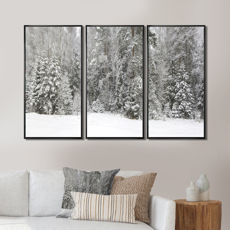 «Foggy Winter Forest Panorama», ensemble de 3 toiles encadrées, H 28 po x l 36 po, Noir