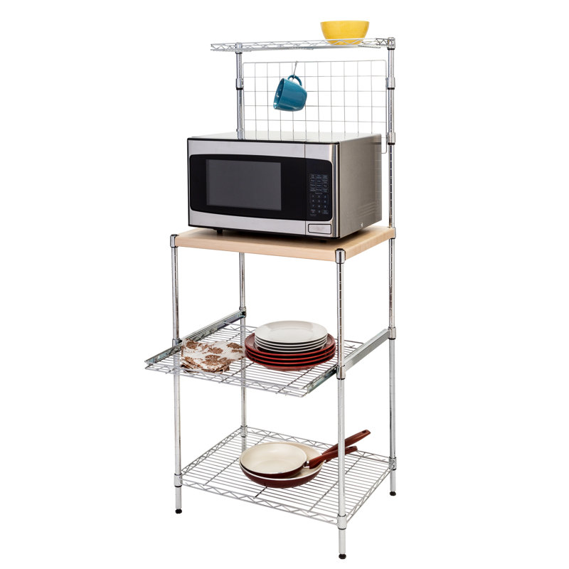 Chrome 3-Shelf Microwave Bakers Rack with Maple Cutting Board