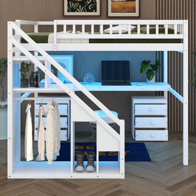 Lit mezzanine avec deux commodes, bureau et bande lumineuse, lit mezzanine en bois avec escalier de rangement et tablettes