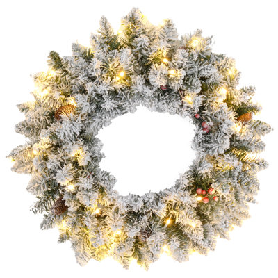 HOMCOM 60cm Flocked Christmas Wreath with Lights Pine Cones Berries Green