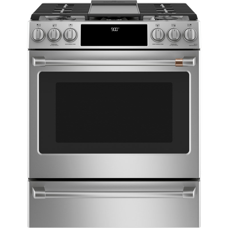 Café 30" 5.7 cu. ft. Smart Slide-in Dual Fuel Range with Griddle and Grill, Stainless Steel/Brushed Stainless