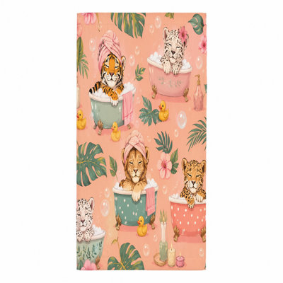 1Pcs Mignon lion lion léopard prenant un bain Animaux drôles Feuilles tropicales Serviette de plage Couverture en microfibre à séchage rapide pour la natation Voyage Camping