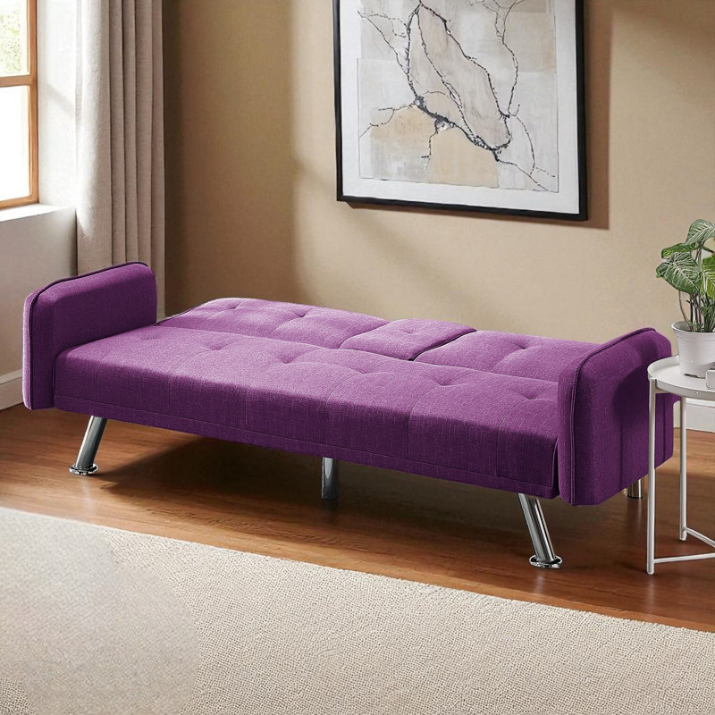 Canapé-lit futon large de 74 po Perdue, canapé-lit convertible moderne avec 2 porte-gobelets, Lin mauve