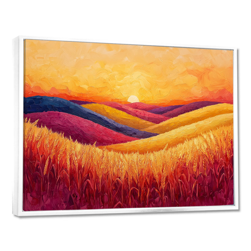 Coucher de soleil sur le champ de blé I - campagne, art mural, H 24 po x l 32 po, Cadre flottant, Blanc