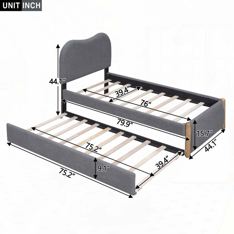 Lit plateforme tapissier avec pieds de support en bois et lit gigogne simple, Gris, Lit simple
