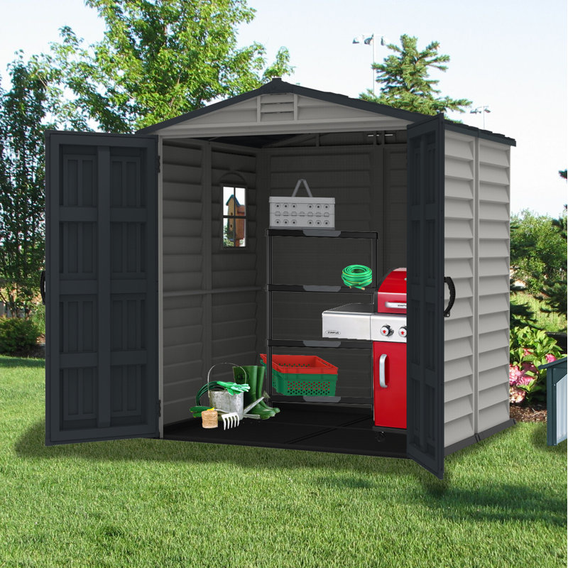 Gray Vinyl Resin Storage Shed with Shelving and Windows