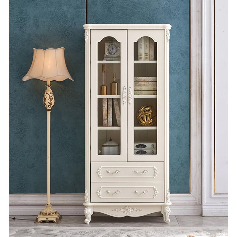 Elegant French White Wood Bookcase with Carved Detailing