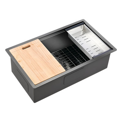 Évier de cuisine encastré en acier inoxydable noir L32 po x l 19 po x P 10 po avec planche de bois et accessoires