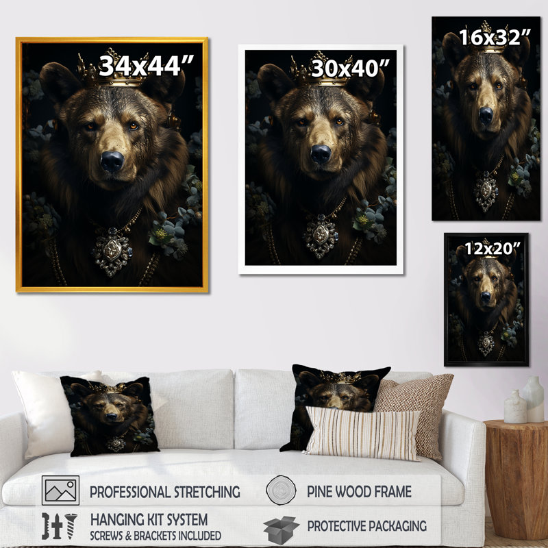 «Royal Bear Crown Portrait I», art mural ours, Cadre flottant doré, H 40 po x l 30 po x P 1,5 po