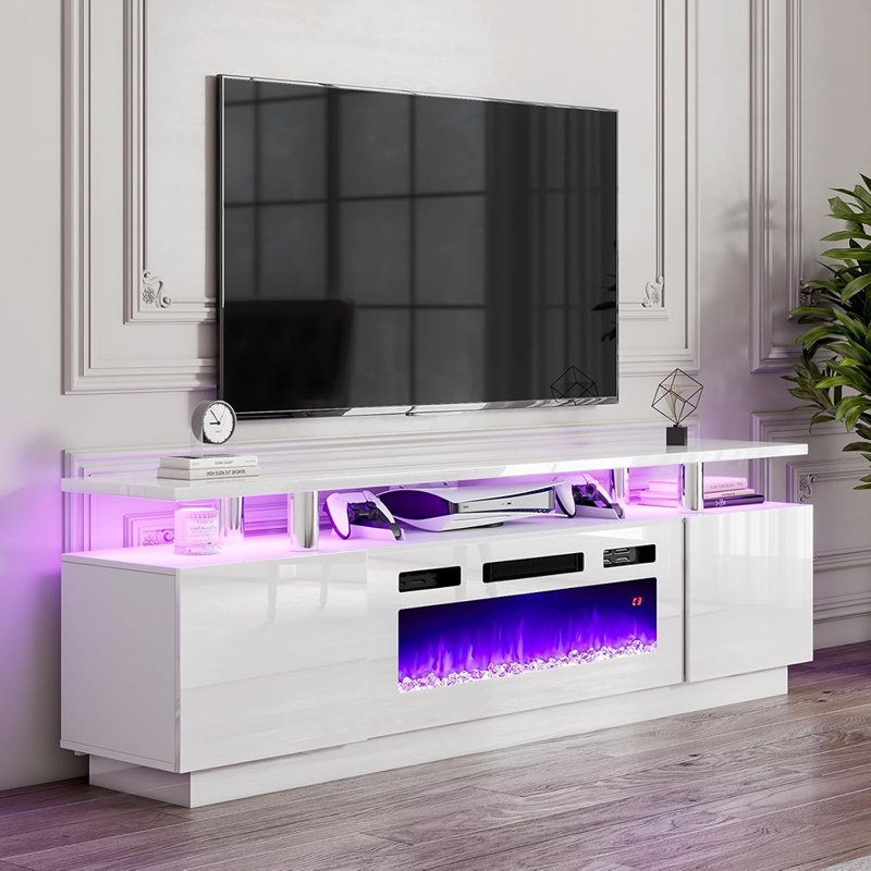 Fireplace TV Stand, All White – 36" Electric Fireplace Media Console With Open Storage And LED Lights For Tvs Up To 80"