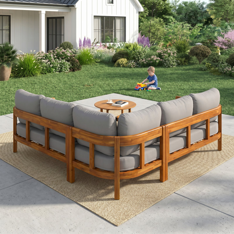 Ensemble de conversation d'extérieur en bois massif avec coussins Acacia, Gris