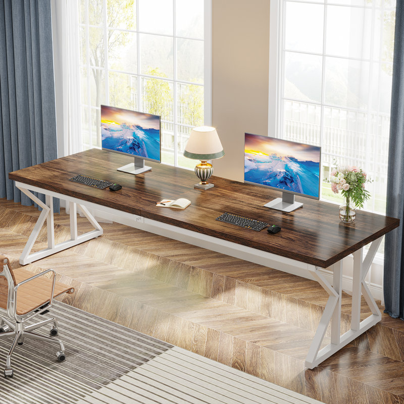 Clennon Stainless Steel Computer Desk, Brown/White