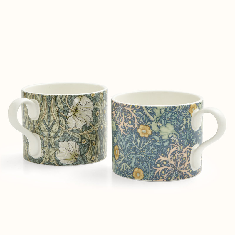 Elegant White Ceramic Mugs with Floral Designs, Set of 2