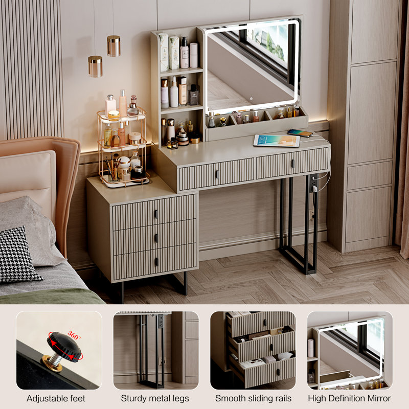 Axelson Makeup Vanity Desk with Large Mirror and Lights&Charging Station,3 Lighting Modes, Black/Gray