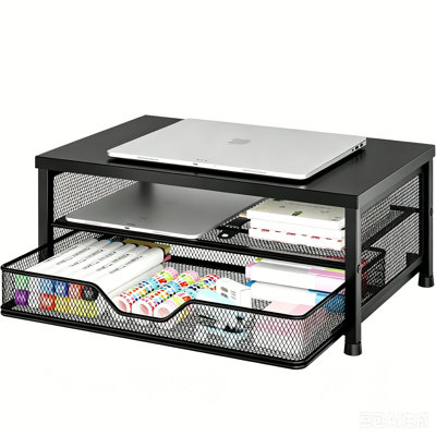 Wooden Monitor Riser Stand With Built-In Drawer, Large Capacity Desktop Storage Shelf For Laptop Printer Stationery, Practical Workspace Organizer For