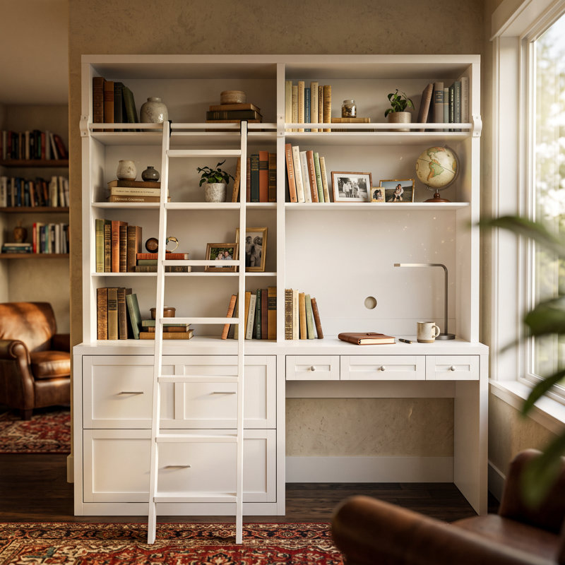Bureau-bibliothèque Pierce blanc, 220 cm (H) x 196 cm (L), avec étagères ouvertes, tiroirs de rangement et échelle en bois massif (en option).