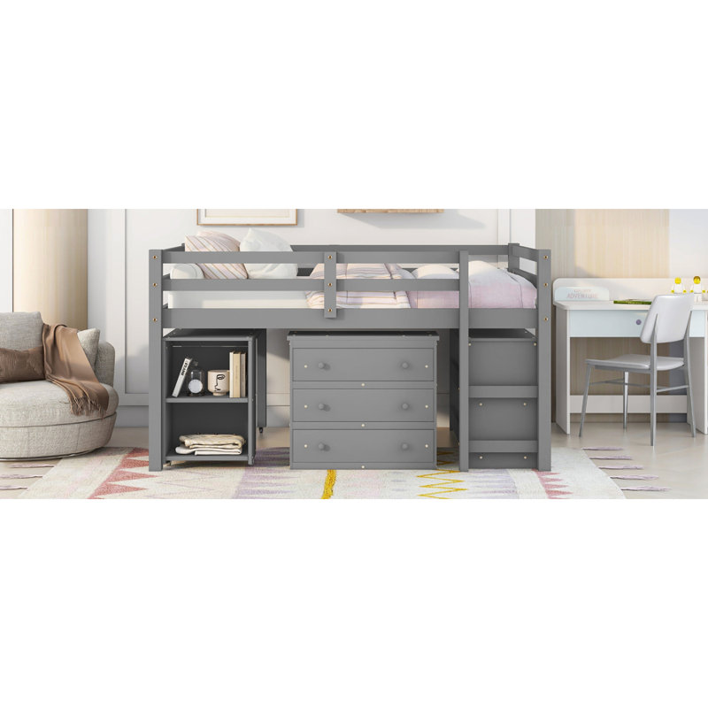 Lit mezzanine basse avec tablettes d'armoire et bureau à roulettes, Gris