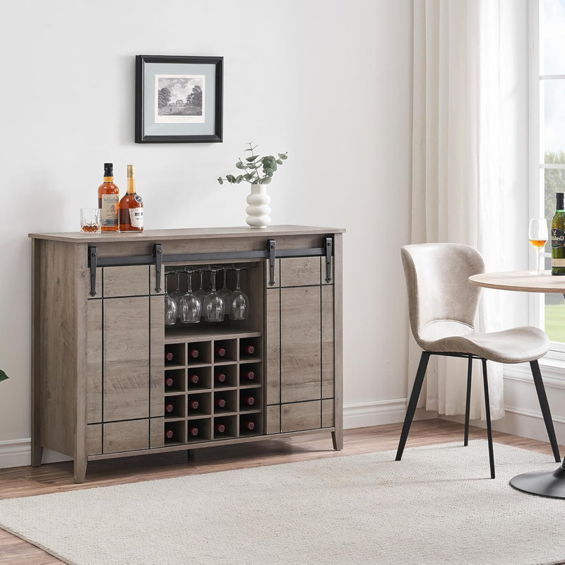 Farmhouse Wine Bar Cabinet,47" Coffee Bar Cabinet With Sliding Barn Door, Buffet Sideboard Cabinet With 16 Bottle Wine Rack For Dining, Living Room
