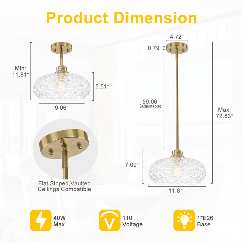 Suspension moderne en laiton naturel à une lumière avec abat-jour en verre transparent texturé diamant, tige réglable, idéale pour un îlot de cuisine ou un hall d'entrée.