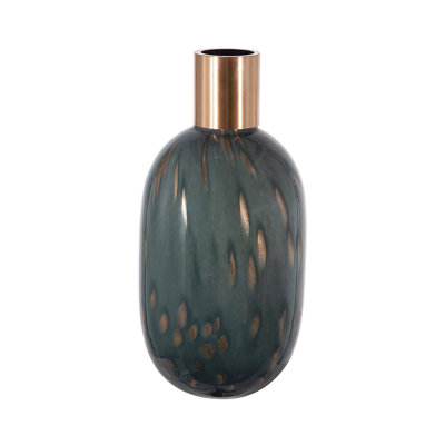Celina Round Vase With Copper Fleck Details Blue Glass, Iron Neck, 20 Inch