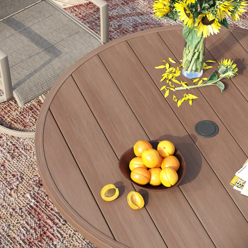 53" Patio Roud Metal Dining Table, Brush Wood/Brown