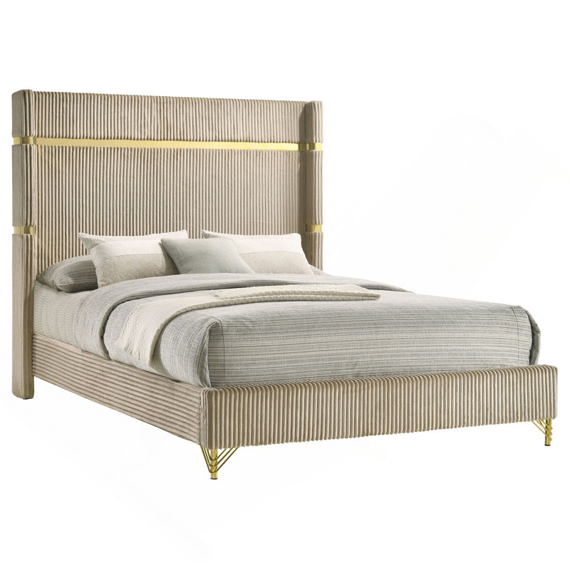 Beige Upholstered Wingback Bed