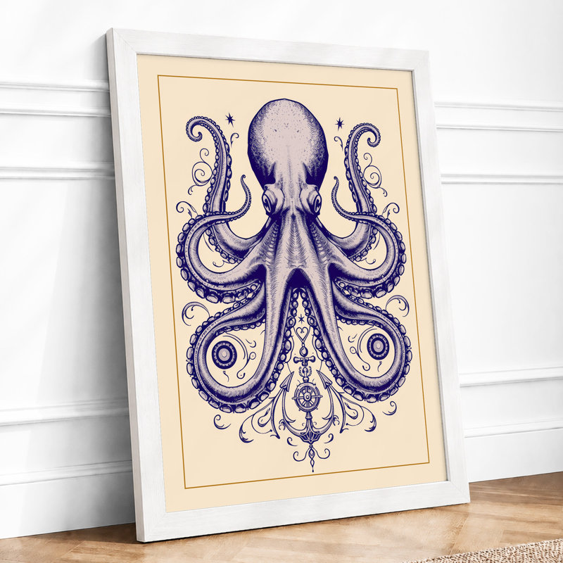 Symmetrical Octopus Japandi - Framed Print, A3 - 42.0 x 29.7 cm, White