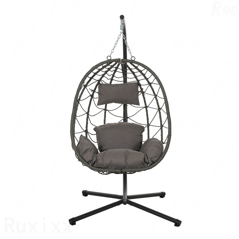 Patio Wicker Hanging Egg Chair With Stand, Indoor Outdoor Swing For Bedroom Living Room Balcony, Gray