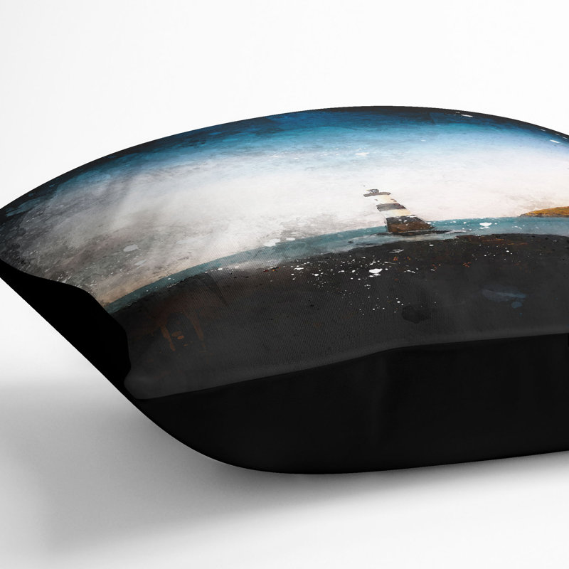 Lighthouse and Seascape at Dusk Paint Splash Cushion with Filling, 40cm H x 40cm W x 15cm D, Black