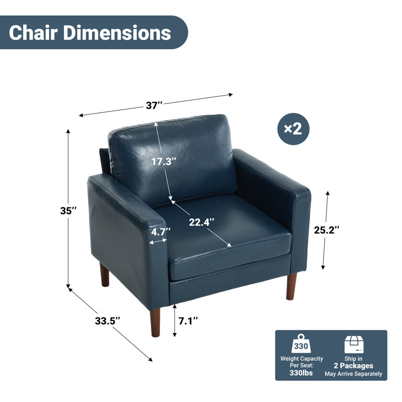 37 " Faux Leather Accent Chair Spacious Upholstered Armchair Set Of 2, Royal Blue Faux Leather