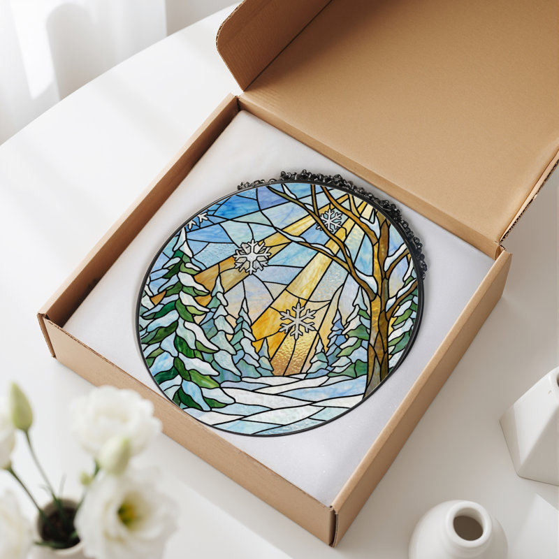 7.8"H Winter Landscape Stained Glass Window Panel, 7.8" H x 7.8" W