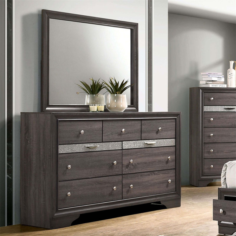 Ensemble de commode avec miroir avec tiroir à bijoux caché, fabrication en queue d'aronde anglaise, boutons ronds pour l'élégance de la chambre à coucher