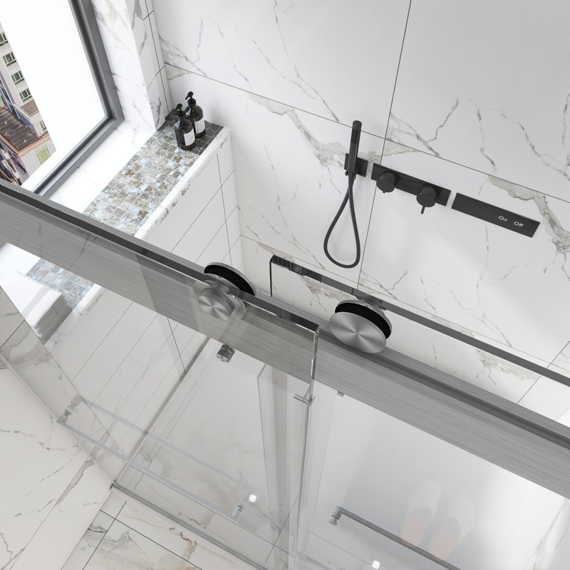 Porte de douche sans cadre avec verre transparent l 72 po x H 76 po, Nickel brossé