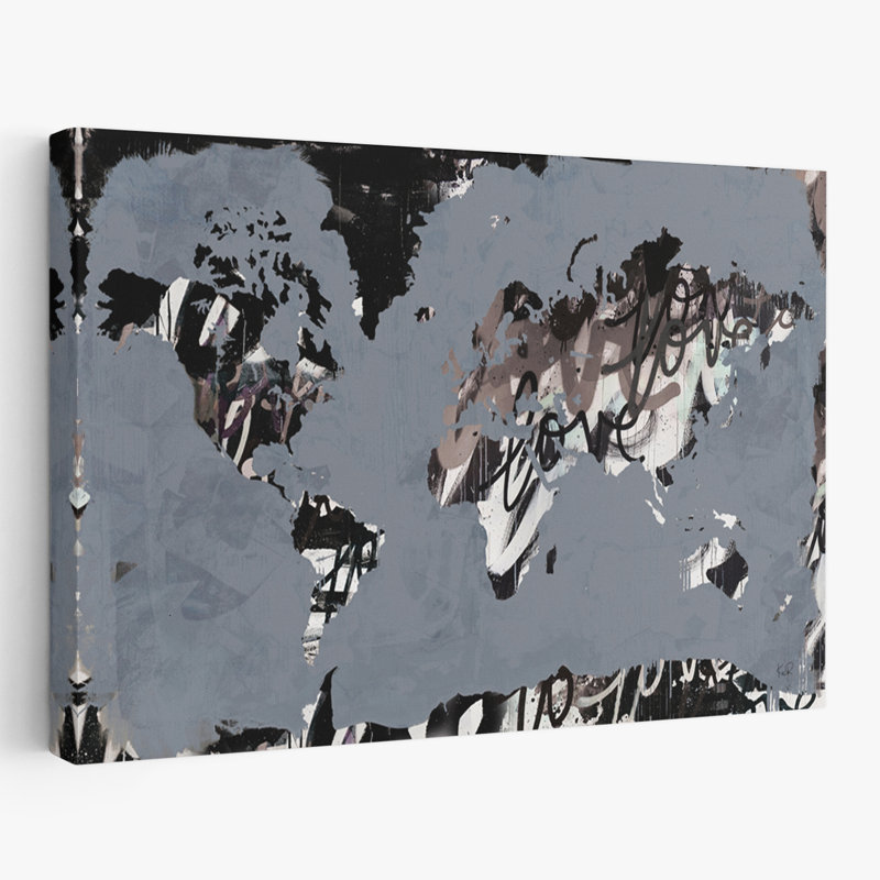 «Love The World Map - Abstract Black Continents», art gris, H 16 po x l 24 po