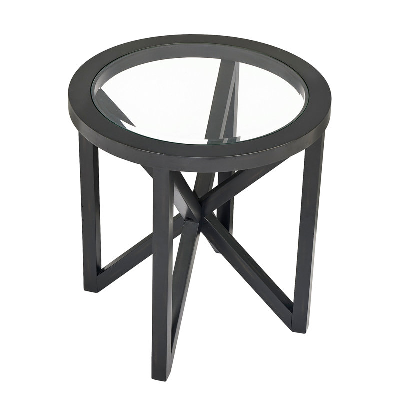 simple glass coffee table, tempered glass coffee table solid wood base round transparent glass top, Black