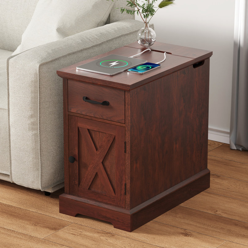 Farmhouse End Table With Built-In Outlets & Adjustable Shelves, Brown