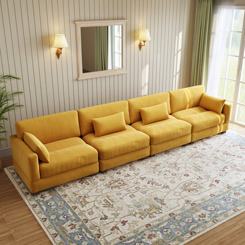 Maelina 4 - Piece Upholstered Orange Corduroy Modular Sectional Sofa with Pillow Back and Solid Wood Legs, Orange Corduroy