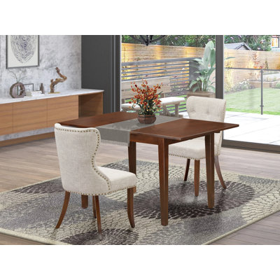 L'ensemble de table de cuisine 3 pièces comprend une table de salle à manger rectangulaire avec une rallonge papillon et 2 chaises en tissu de lin, acajou