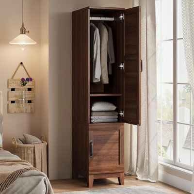 72" Tall Wooden Armoire Wardrobe Closet with 2 Doors, Hanging Rod & 18 Adjustable Shelves – Narrow Storage Organizer for Bedroom