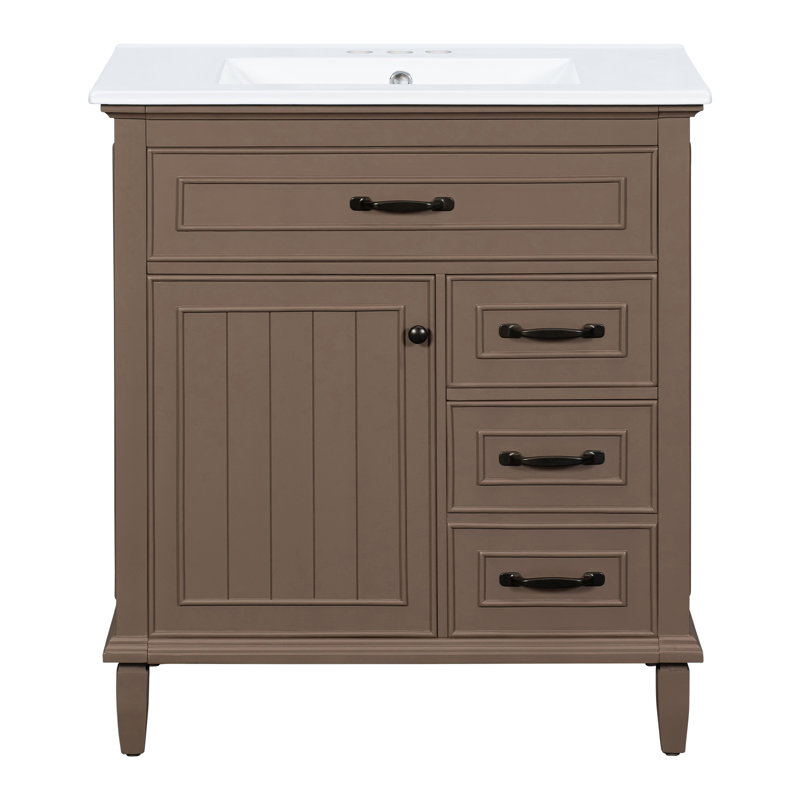 Meuble-lavabo autoportant de 30 po avec comptoir en céramique, Brun