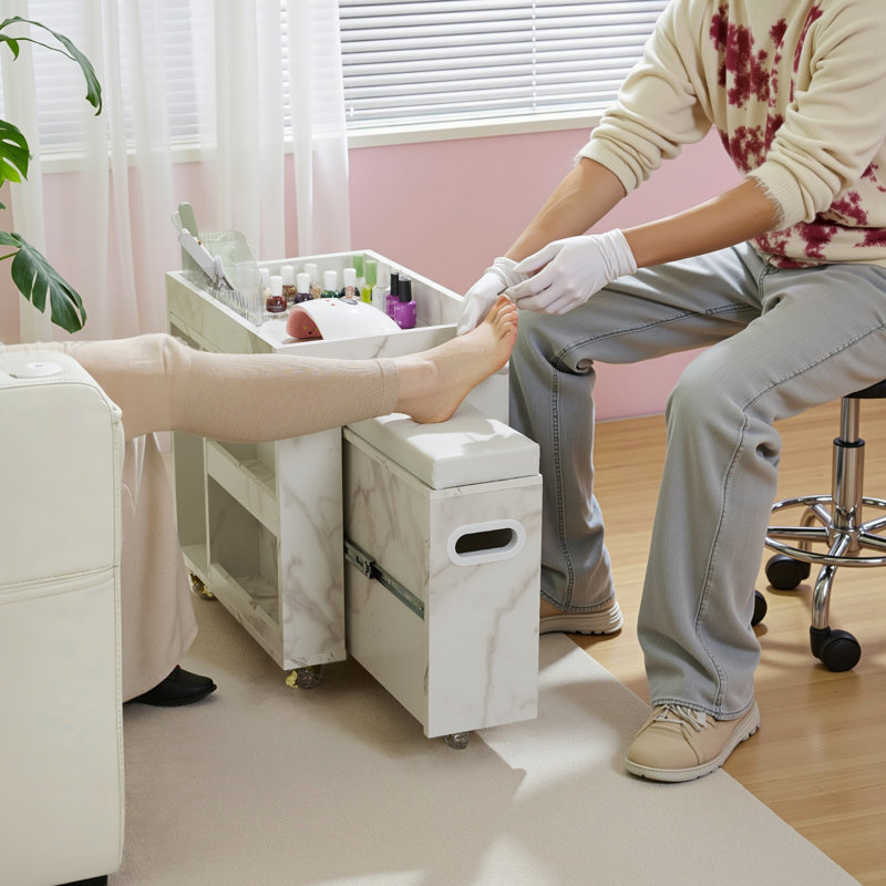 Chariot à pieds avec tablettes de rangement et casier de rangement ouvert, chariot à pédicure mobile avec 4 roues verrouillables, range-outils pour pédicure avec repose-pieds