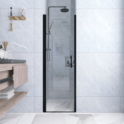 Porte de douche pivotante à demi-cadre de l 24 po x l 72 po avec verre trempé transparent de 1/4 po d'épaisseur en noir mat | Cadre en aluminium | Poignée en acier inoxydable