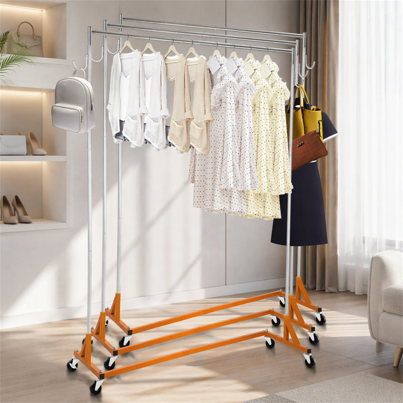 Portant à vêtements industriel de base en Z, support à vêtements à roulement en Z réglable en hauteur, support à vêtements en acier robuste avec roulettes verrouillables, pour présentoir de magasin de vêtements orange (3 ensembles)