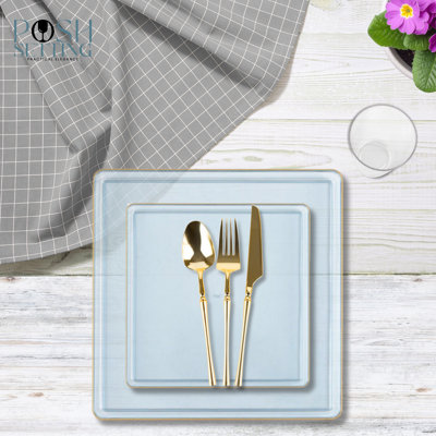 Posh Setting 280 Piece Blue And Gold Plastic Party Bundle - Square Edge (40 Settings)