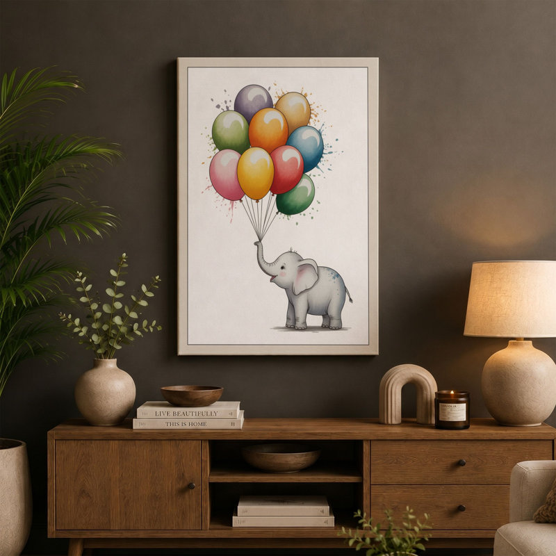 Elephant with Balloons Whimsical - Wrapped Canvas, 18x12 - 45.7 x 30.5 cm, Taupe Border